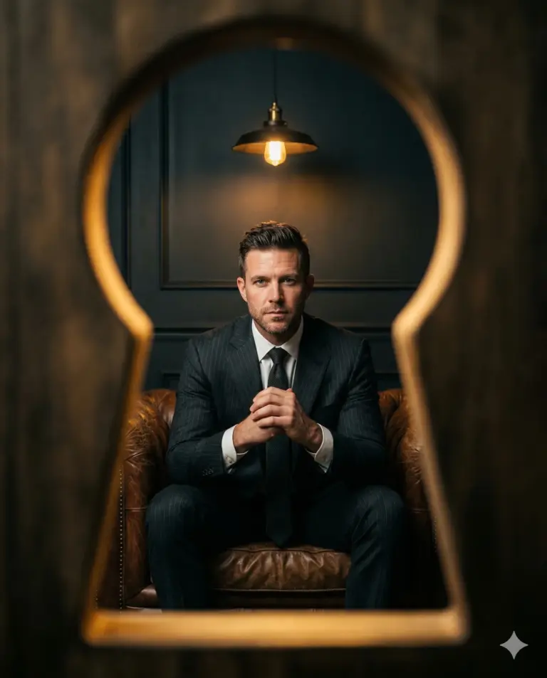 Man in Suit Through Keyhole Frame Cinematic Photo Prompt. AI generated cinematic portrait of a professional man in a pinstripe suit sitting in a leather armchair, viewed through a golden-edged keyhole frame.