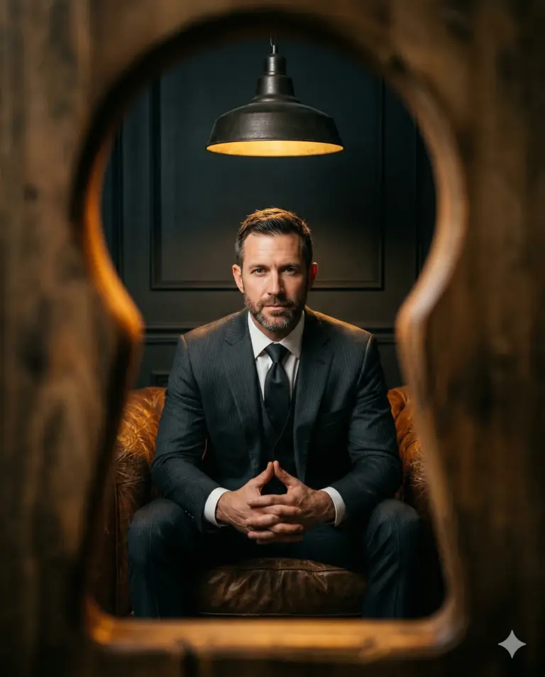 Man in Suit Seated Through Keyhole Frame AI Photo Editing Prompt. AI generated studio portrait of a bearded man in a dark pinstripe suit sitting on a leather armchair framed through a wooden keyhole.