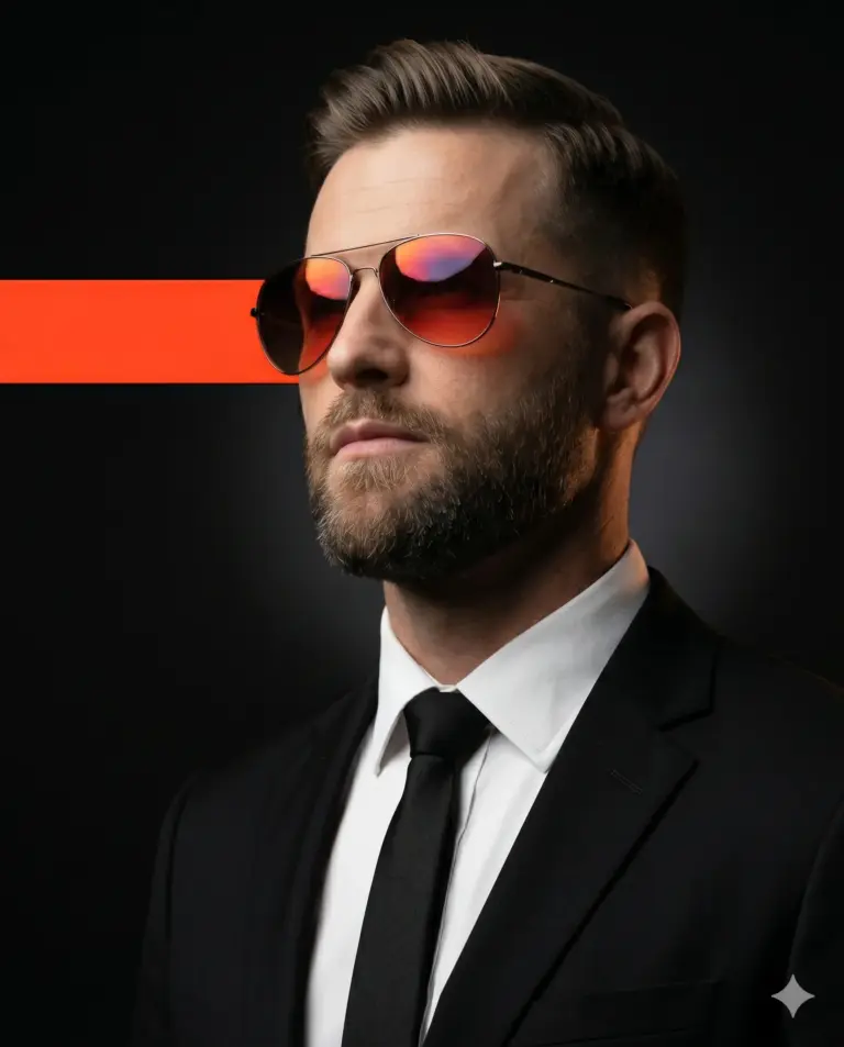 Man in Suit with Tinted Aviators AI Photo Editing Prompt. AI generated studio portrait of a bearded man in a black suit and tie wearing orange-tinted sunglasses with a cinematic light streak.