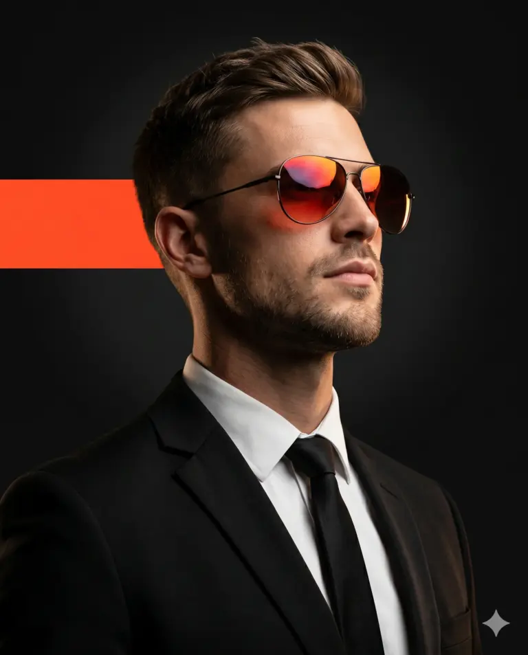 Man in Black Suit and Aviators AI Photo Editing Prompt. AI generated cinematic portrait of a stylish man in a black suit and orange-tinted sunglasses against a dark background with a minimalist orange bar.