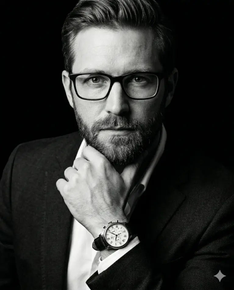 Man in Suit AI Photo Editing Prompt. AI generated black and white studio portrait of a professional man wearing glasses and a wristwatch while resting his hand on his chin.