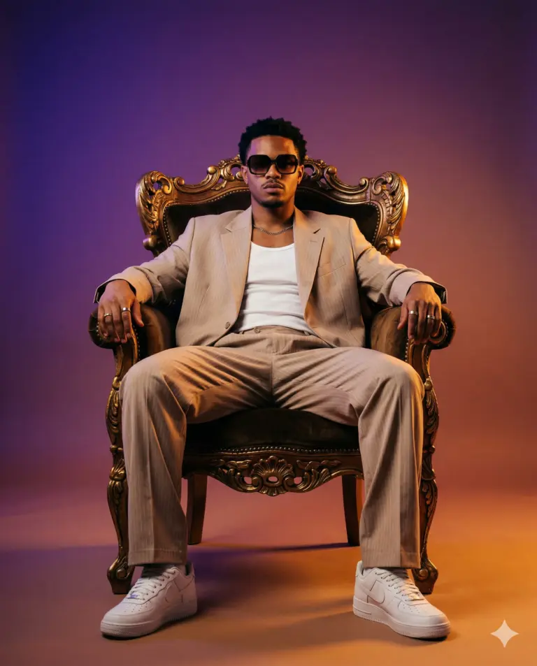 Man Tan Pinstripe Suit Ornate Throne AI Photo Editing Prompt. AI generated studio portrait of a man wearing sunglasses and white sneakers seated in a gold armchair against a purple and orange gradient backdrop.