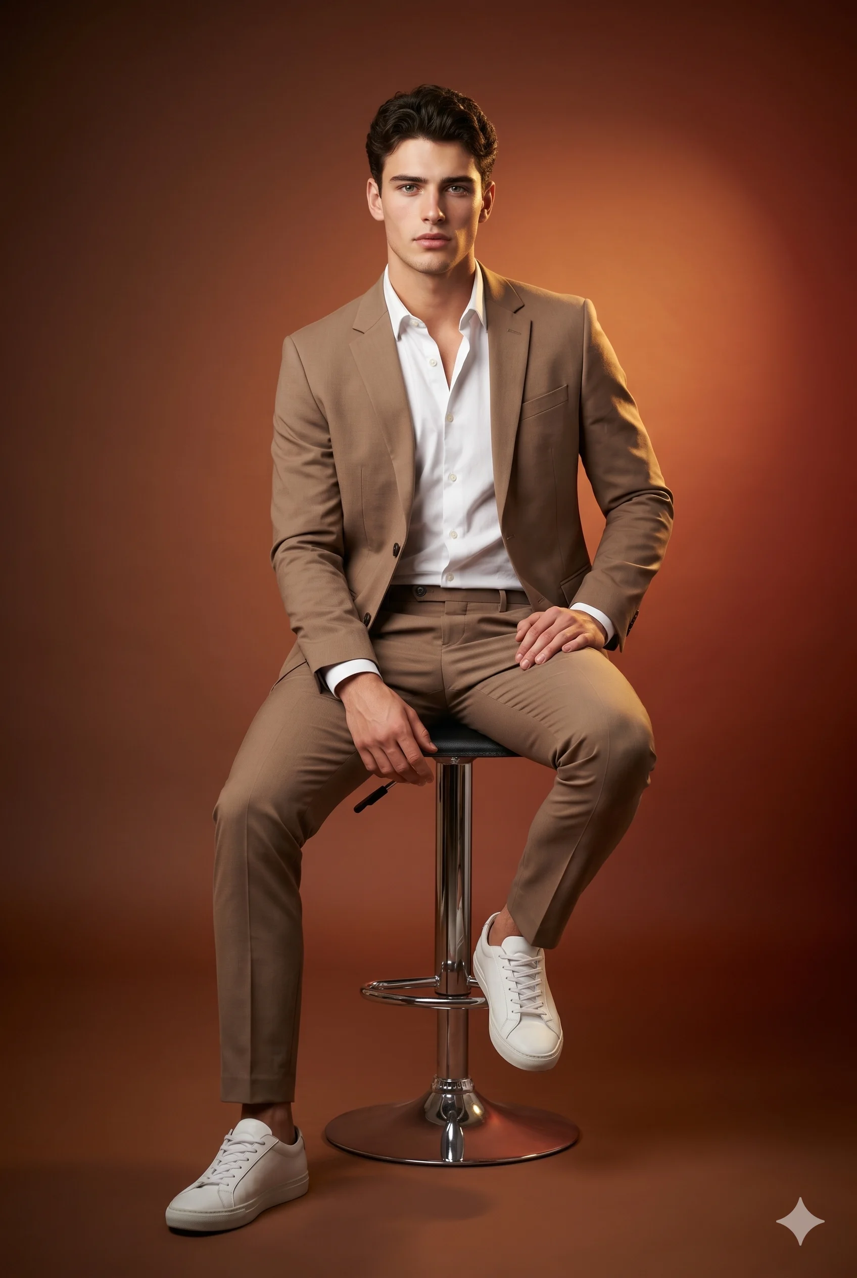 Man in Tan Suit AI Photo Editing Prompt. AI generated studio portrait of a stylish man in a tailored tan suit and white sneakers sitting on a chrome stool.