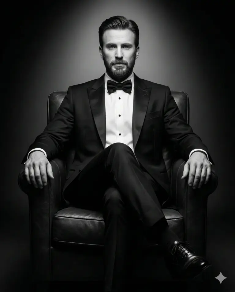 Man in Tuxedo in Leather Chair AI Photo Editing Prompt. AI generated studio portrait of a bearded man in a formal tuxedo sitting in a leather armchair with a monochrome aesthetic.