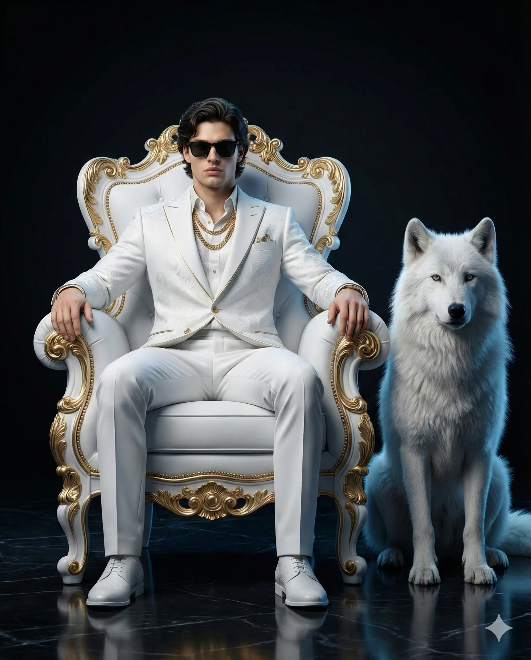 A man in a white suit and sunglasses sits on an ornate gold-trimmed throne, accompanied by a large white wolf against a dark background.