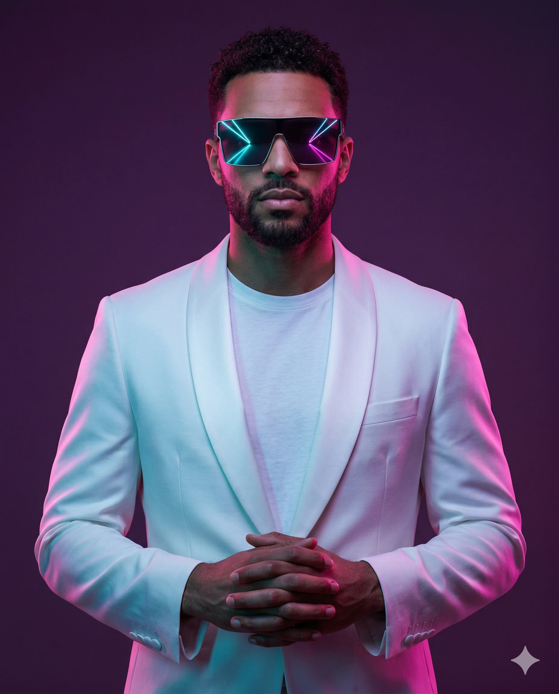 Cyberpunk Man in White Suit with Neon Sunglasses Prompt. AI generated studio portrait of a bearded man in a white blazer wearing futuristic glowing sunglasses under vibrant neon lighting.