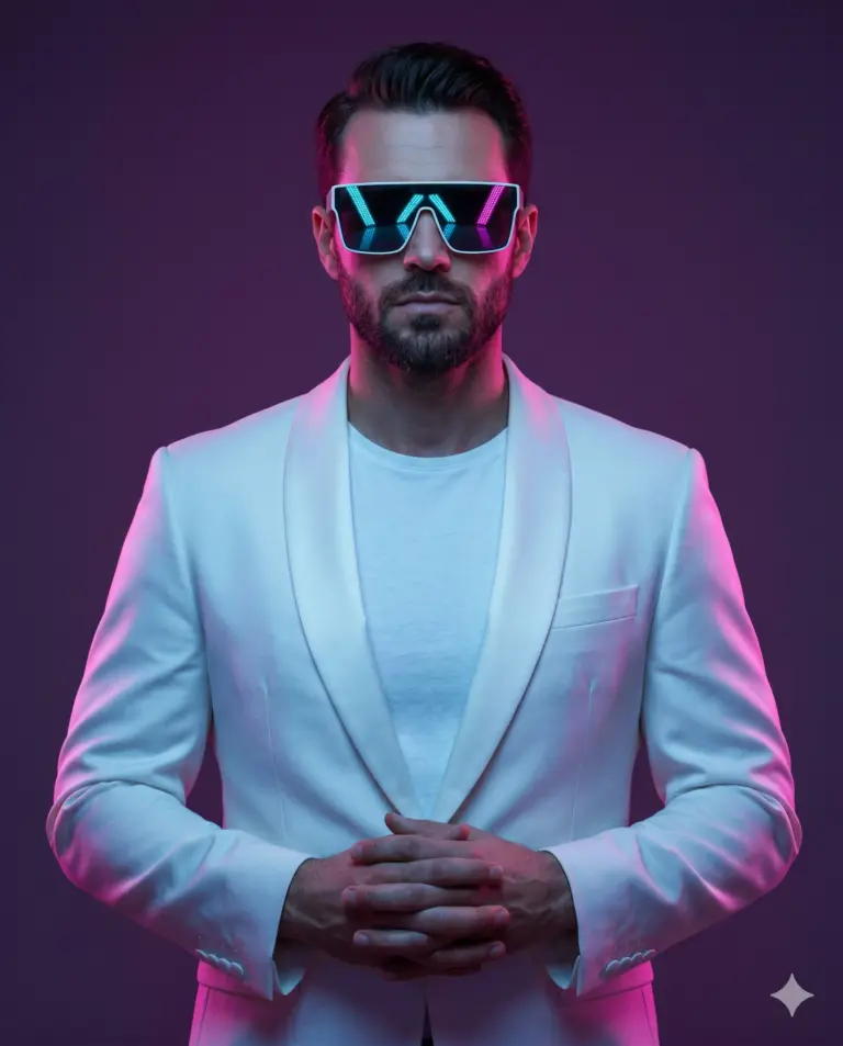 Man in White Suit with Neon Glasses AI Photo Editing Prompt. AI generated studio portrait of a bearded man in a white blazer and futuristic LED sunglasses illuminated by pink and purple neon lighting.