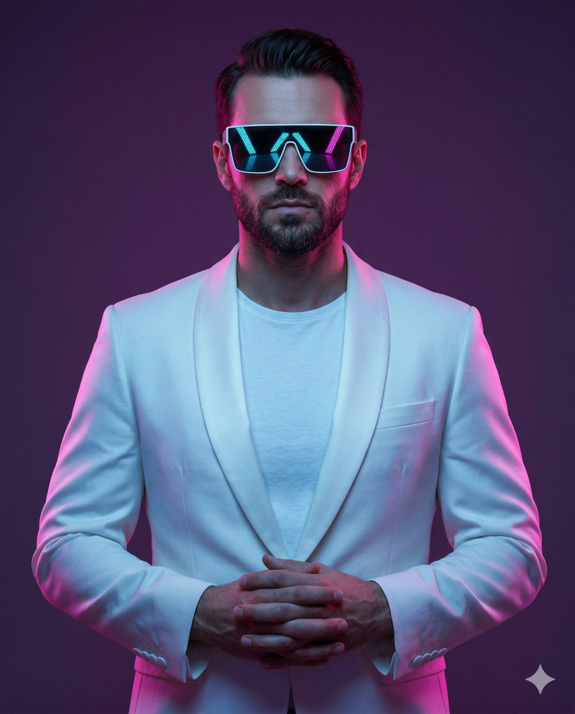 Man in White Suit with Neon Glasses AI Photo Editing Prompt. AI generated studio portrait of a bearded man in a white blazer and futuristic LED sunglasses illuminated by pink and purple neon lighting.