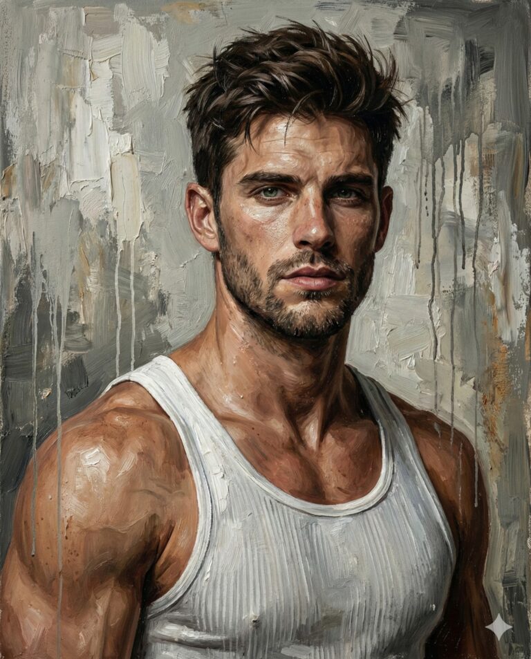 Impasto oil painting of a muscular man in a white tank top. Thick brushstrokes and paint drips on a textured grey background create a rugged, cinematic intensity.