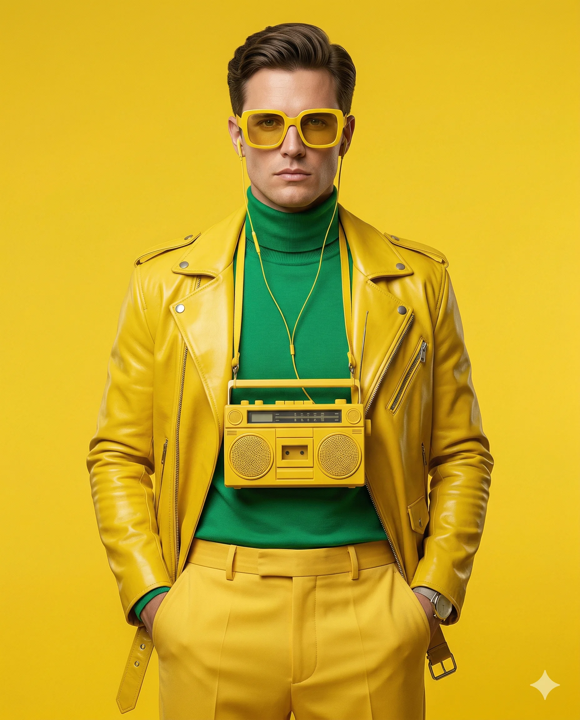 Stylish Man in Yellow Gear with Boombox AI Photo Editing Prompt. AI generated studio portrait of a man wearing a yellow leather jacket and green turtleneck with a yellow boombox accessory.