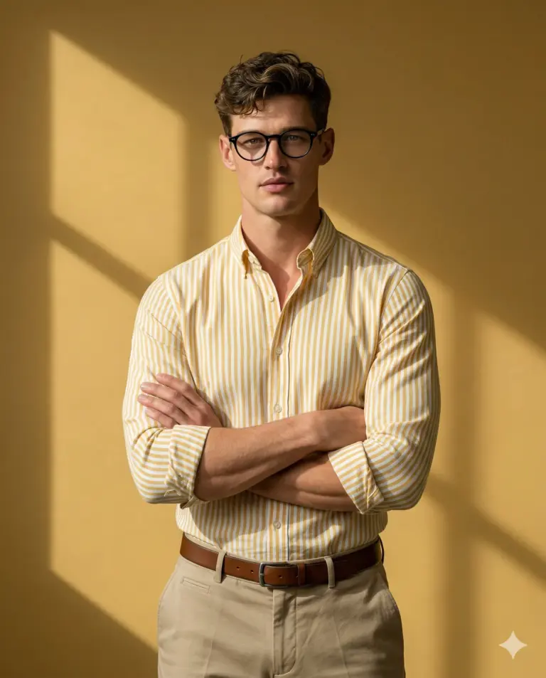 Man in Yellow Striped Shirt AI Photo Editing Prompt. AI generated studio portrait of a man wearing glasses and a yellow striped button-down shirt standing with crossed arms against a shadowed yellow wall.