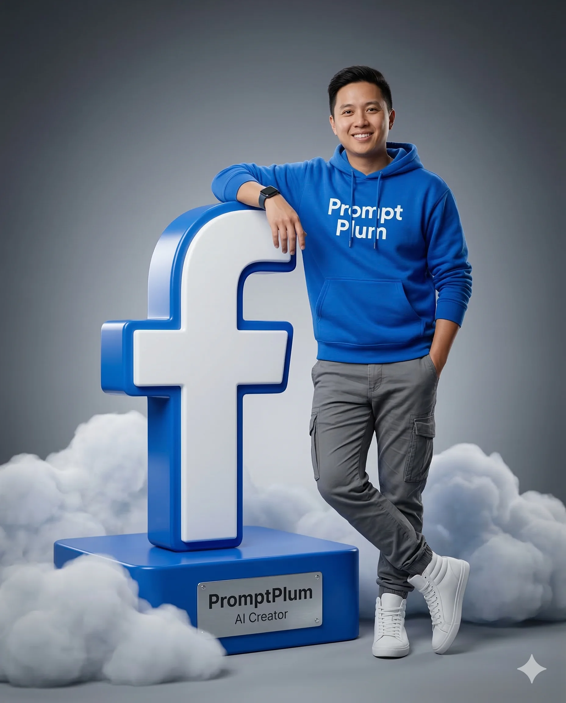 Man Leaning on Facebook Logo AI Photo Editing Prompt. AI generated digital illustration of a man in a blue hoodie and cargo pants leaning on a large 3D Facebook logo surrounded by white clouds.
