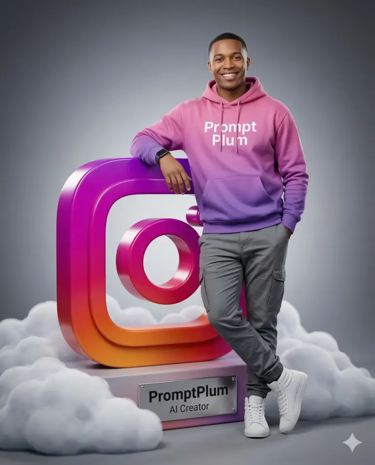 Man with Instagram Icon AI Photo Editing Prompt. AI generated digital illustration of a smiling man in a pink-to-purple gradient hoodie leaning on a large 3D Instagram logo atop a cloud-like pedestal with a personalized nameplate.