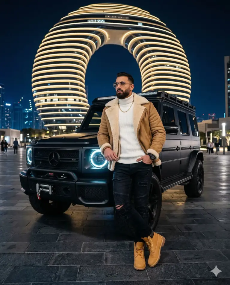 Man and Matte Black G-Wagon AI Photo Editing Prompt. AI generated cinematic portrait of a bearded man in a tan shearling jacket leaning against a matte black Mercedes-Benz G-Wagon in front of a glowing futuristic building at night.