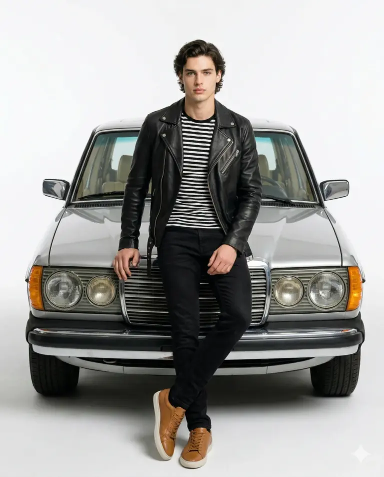 Man and Vintage Silver Car Photography Prompt. AI generated studio portrait of a stylish man in a black leather jacket leaning against a classic silver car.