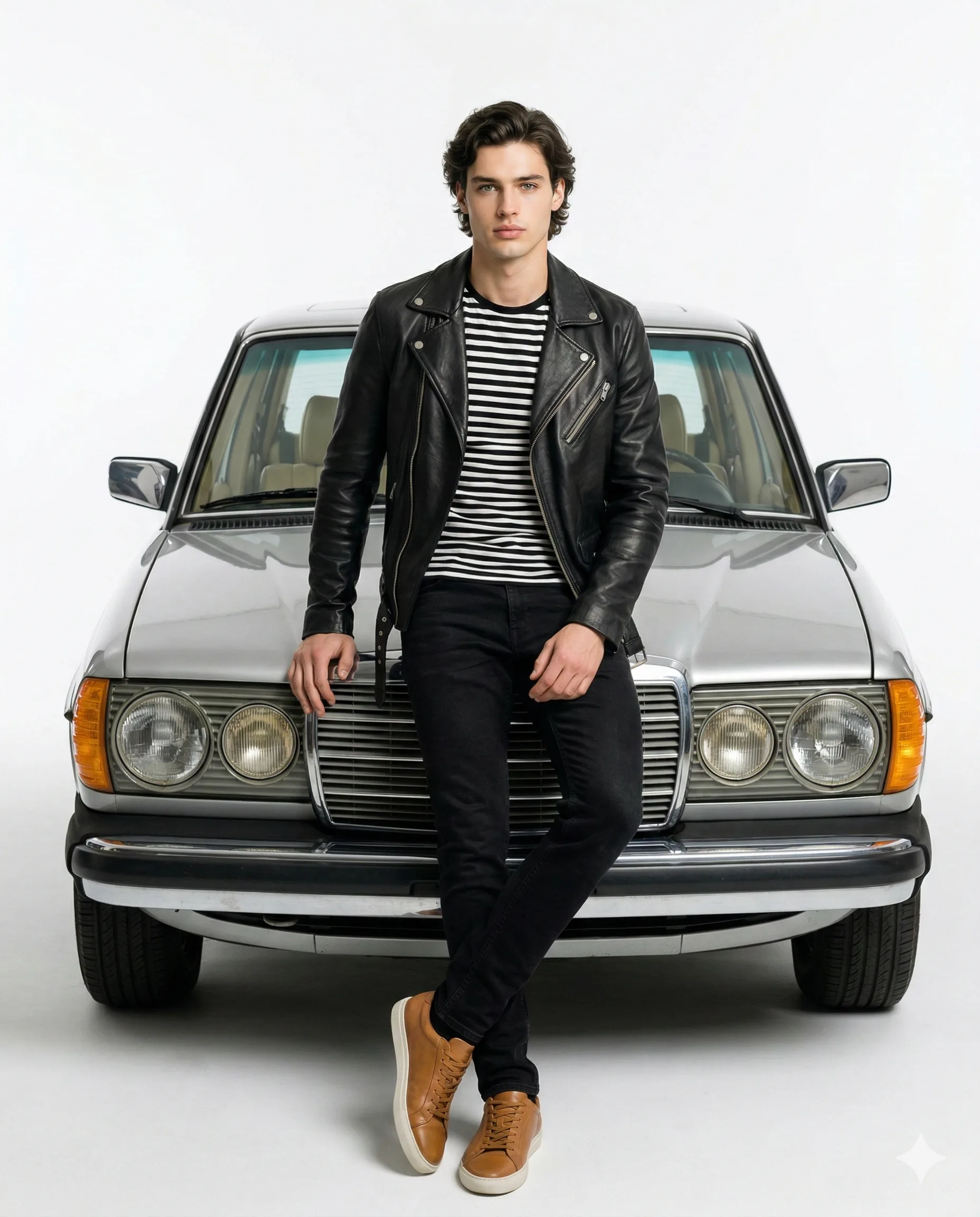 Man and Vintage Silver Car Photography Prompt. AI generated studio portrait of a stylish man in a black leather jacket leaning against a classic silver car.