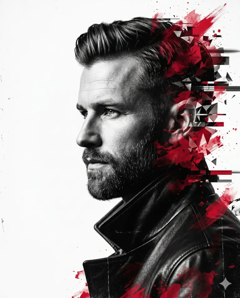Shattered Glitch Man Profile AI Photo Editing Prompt. AI generated digital glitch portrait of a bearded man in a leather jacket featuring red watercolor splatters and geometric shattering effects.