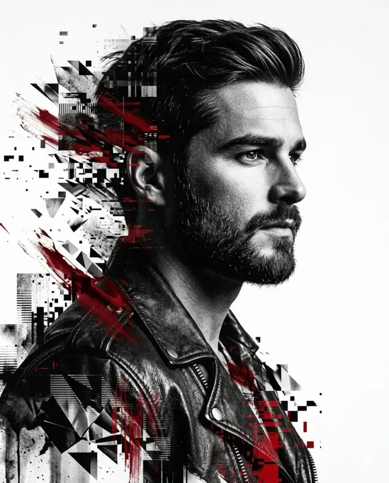 Man Leather Jacket Red Glitch Profile Portrait Prompt. AI generated digital illustration portrait of a bearded man in a leather jacket featuring red abstract glitch effects and geometric fragments.