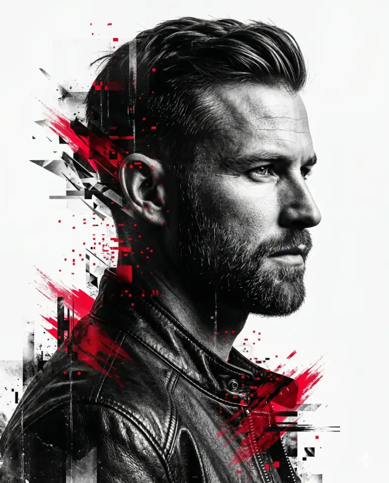 AI generated digital art portrait of a man wearing a leather jacket with high-contrast black and white tones and red digital glitch fragments.