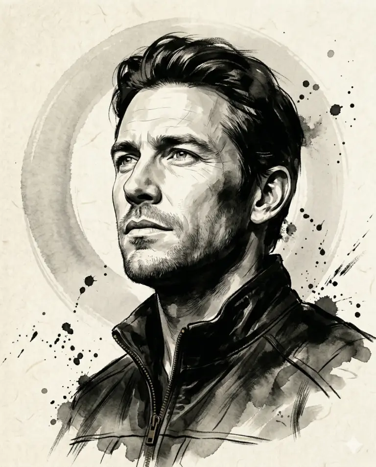 AI generated ink wash illustration of a man with dark hair and stubble wearing a black jacket against a circular watercolor background.