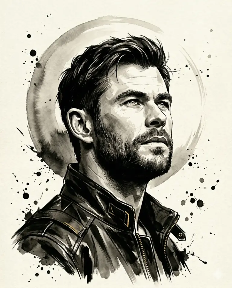 Man in Leather Jacket Ink Portrait AI Photo Editing Prompt. AI generated ink wash digital illustration of a bearded man in a leather jacket gazing upward against a circular watercolor backdrop.