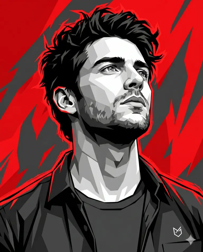 Man Looking Up Red Vector AI Photo Editing Prompt. AI generated digital vector illustration of a dark-haired man gazing upward against a sharp red and black abstract background.