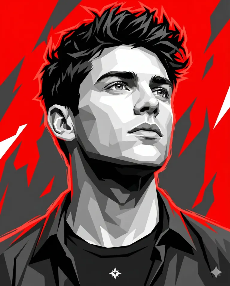 AI generated low-poly digital illustration of a young man looking upward against a sharp red and grey geometric background.