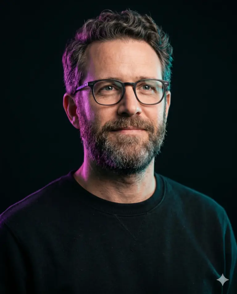 Man in Neon Lighting AI Photo Editing Prompt. AI generated studio portrait of a bearded man wearing glasses illuminated by dramatic magenta and teal rim lights against a dark background.