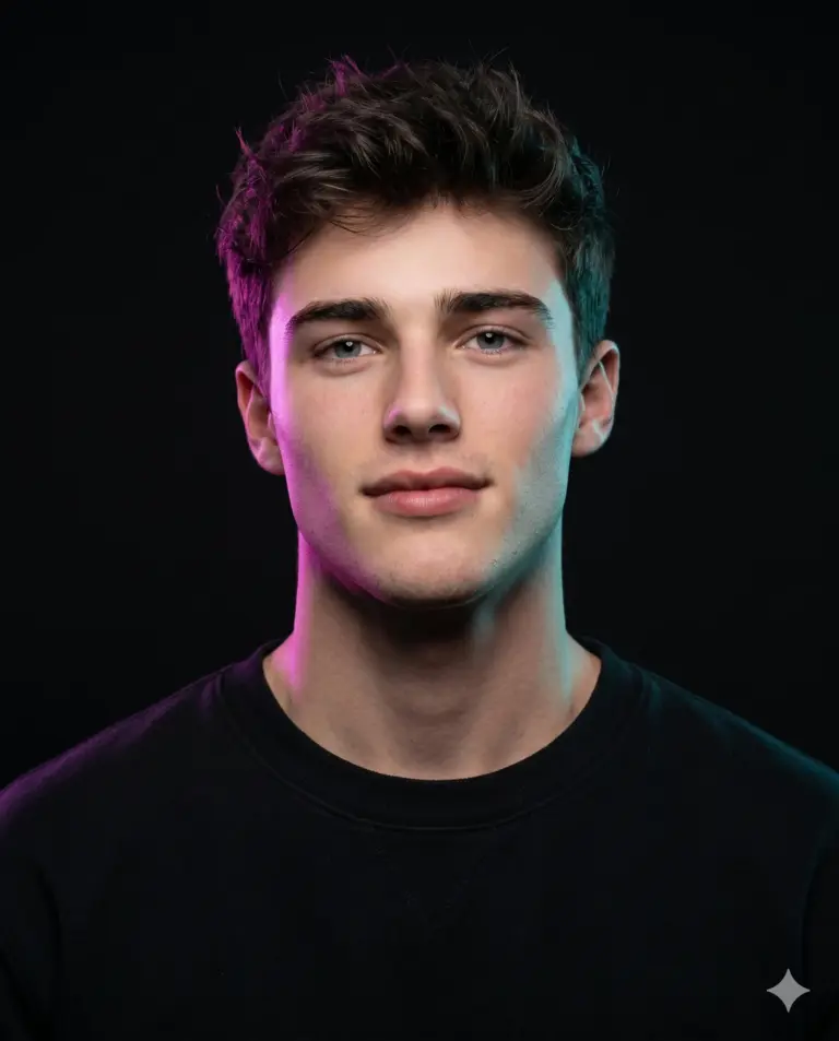 AI generated studio portrait of a young man in a black sweatshirt, illuminated by vibrant pink and teal neon lights against a dark background.