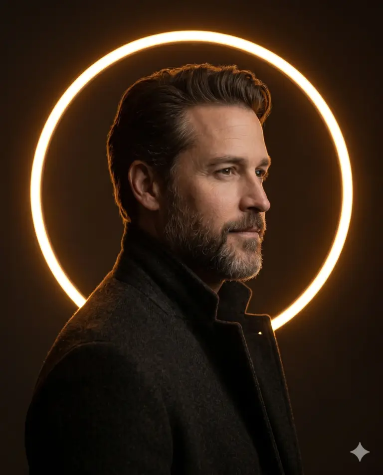 Man with Neon Ring AI Photo Editing Prompt. AI generated cinematic portrait of a bearded man in a dark coat featuring a glowing amber circular halo light.