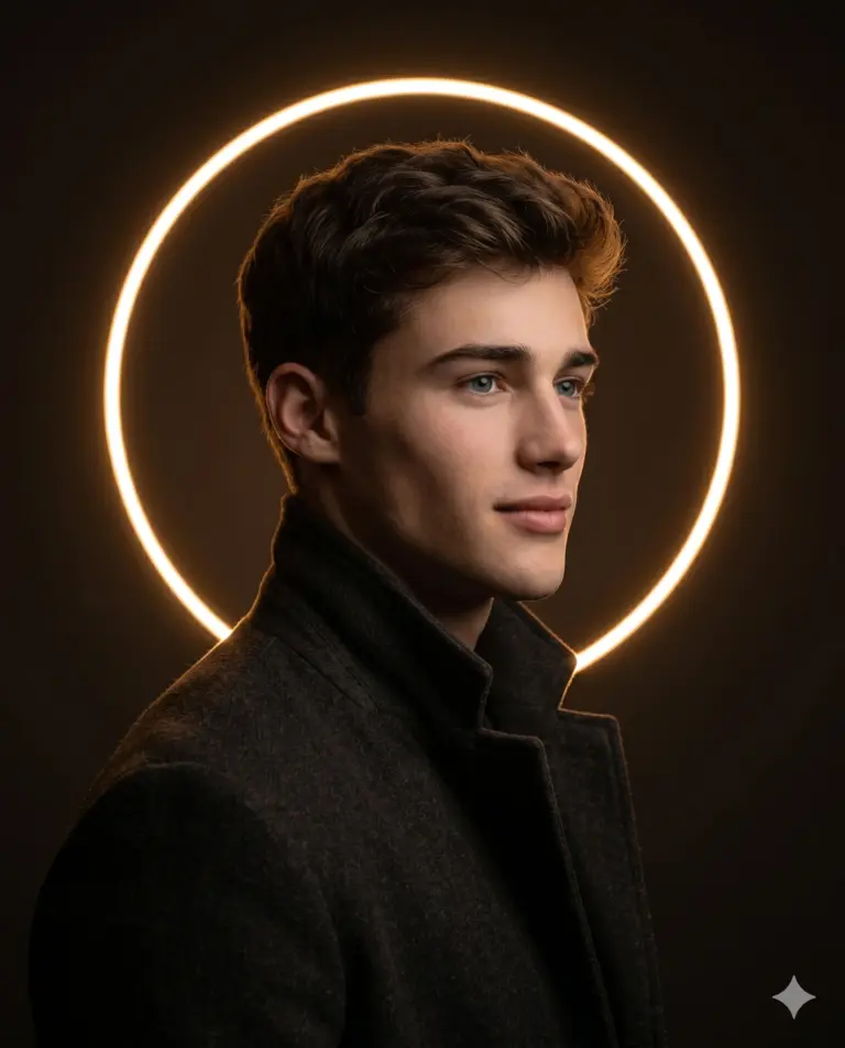 Man with Neon Ring Halo AI Photo Editing Prompt. AI generated cinematic studio portrait of a young man in a dark high-collar coat featuring a glowing golden neon circle background.