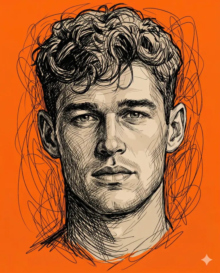 Man Sketch AI Photo Editing Prompt. AI generated digital sketch illustration of a man with curly hair and detailed facial features against a vibrant orange background.