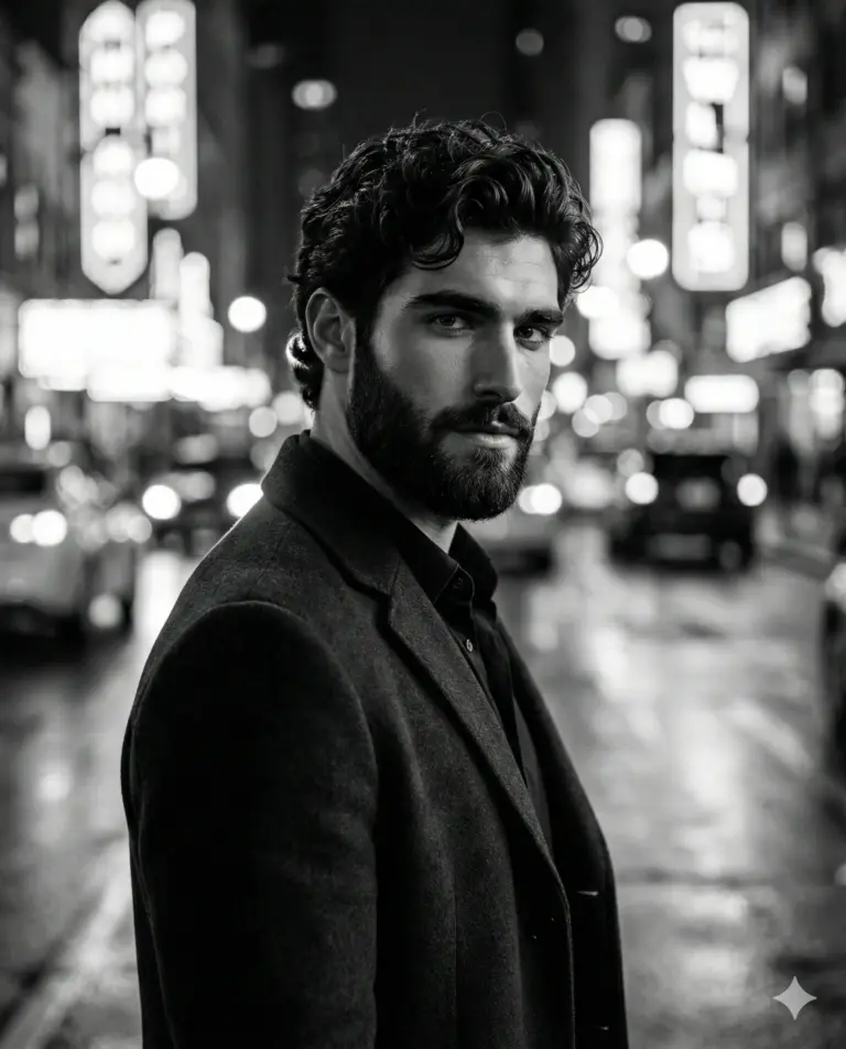 Man on City Street AI Photo Editing Prompt. AI generated cinematic portrait of a bearded man with curly hair wearing a dark coat against a blurred urban night background.