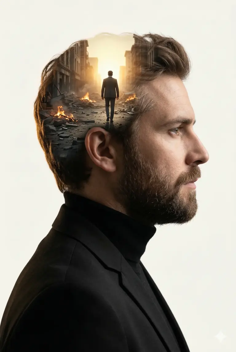 Ruined City Mindscape AI Photo Editing Prompt. AI generated surreal digital portrait of a bearded man featuring a double-exposure scene inside his head of a figure walking through a destroyed, burning city street toward a bright sunrise.