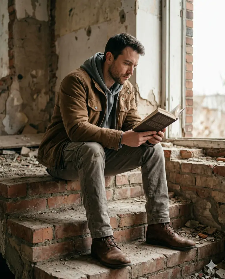 Man Reading in Abandoned Building AI Photo Editing Prompt. AI generated cinematic portrait of a man in a brown jacket sitting on broken brick stairs reading a book.