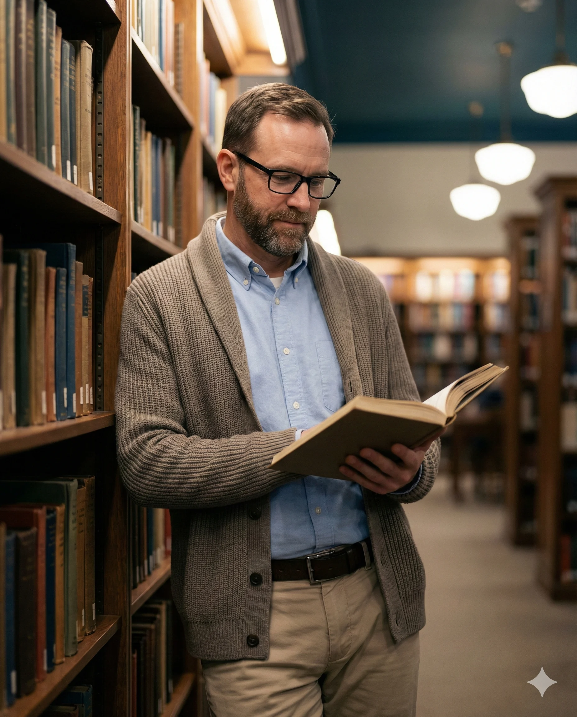 Man Reading in Library AI Photo Editing Prompt. AI generated cinematic portrait of a bearded man in a cardigan reading a book among library bookshelves.