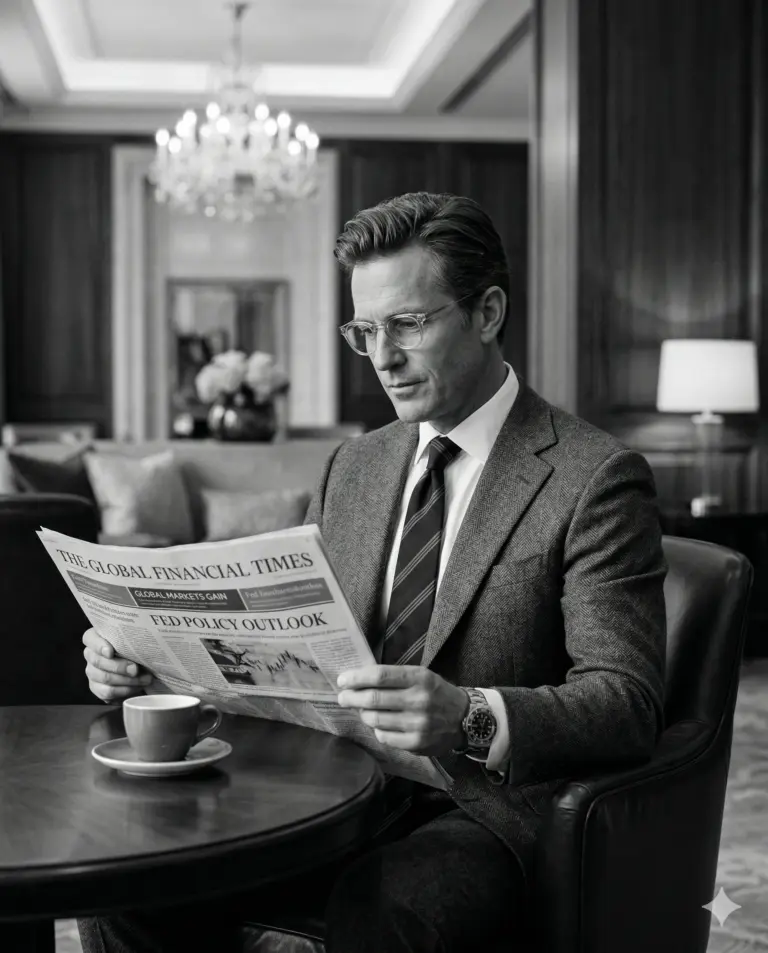 Businessman Reading Newspaper AI Photo Editing Prompt. AI generated cinematic portrait of a sophisticated man in a tailored suit reading a financial newspaper in a luxury lounge.