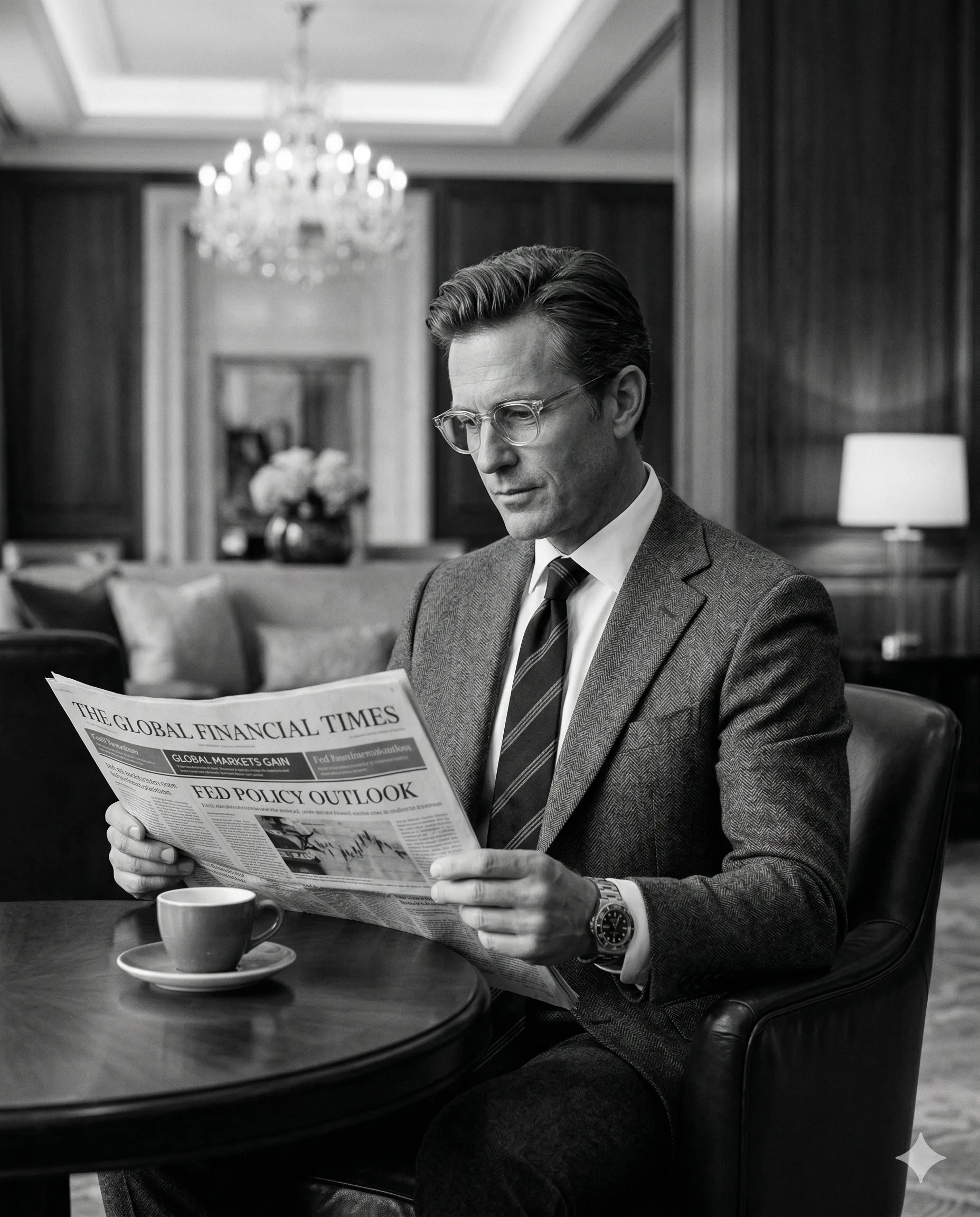Businessman Reading Newspaper AI Photo Editing Prompt. AI generated cinematic portrait of a sophisticated man in a tailored suit reading a financial newspaper in a luxury lounge.