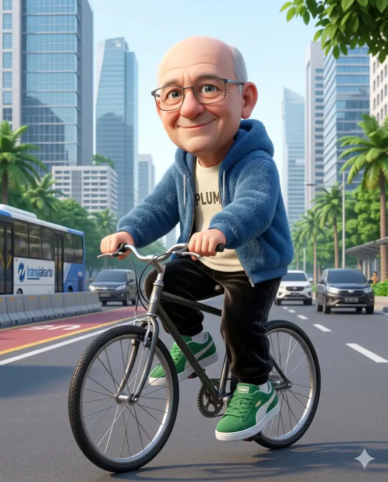 Man Riding Bicycle AI Photo Editing Prompt. AI generated 3D digital illustration of a smiling old man with glasses riding a bicycle on a modern city street.