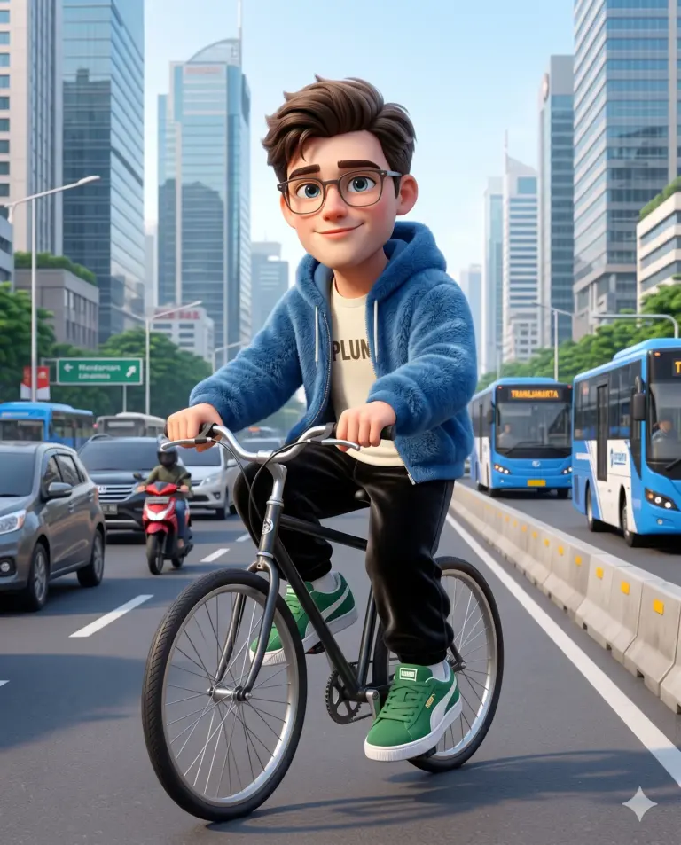 Cyclist in City Traffic AI Photo Editing Prompt. AI generated digital illustration of an animated young man with glasses and a blue fuzzy hoodie riding a black bicycle on a busy city street with Transjakarta buses.