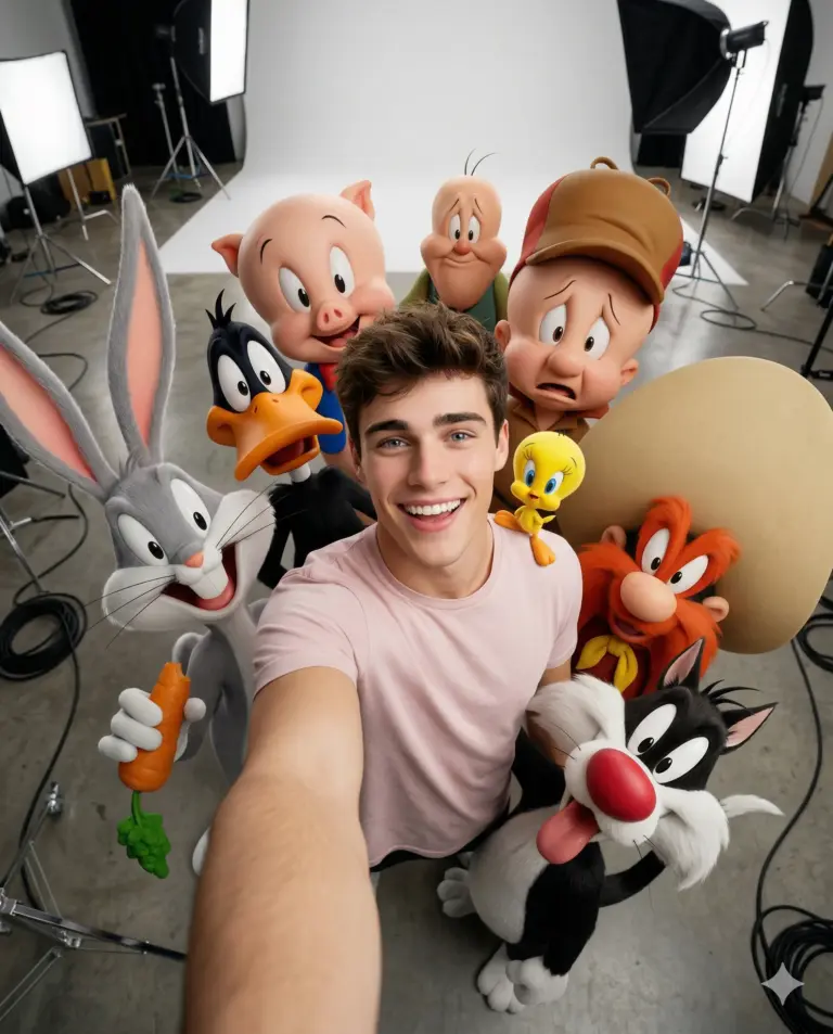Man with Looney Tunes Selfie Prompt. AI generated digital illustration of a smiling young man taking a selfie with 3D Looney Tunes characters in a professional photography studio.