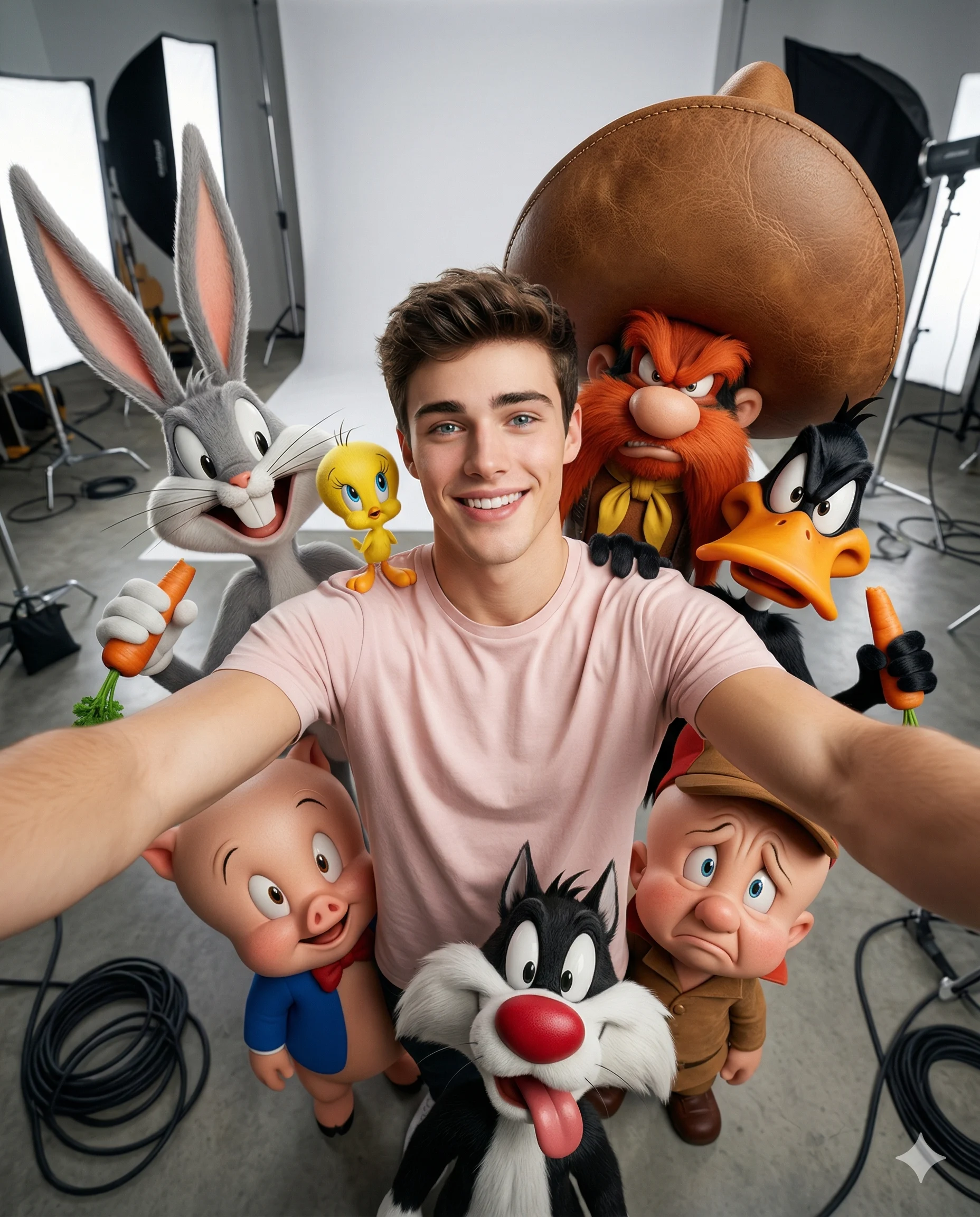 Man with Looney Tunes Characters AI Photo Editing Prompt. AI generated digital illustration of a smiling young man taking a selfie surrounded by iconic Looney Tunes characters in a professional photo studio.