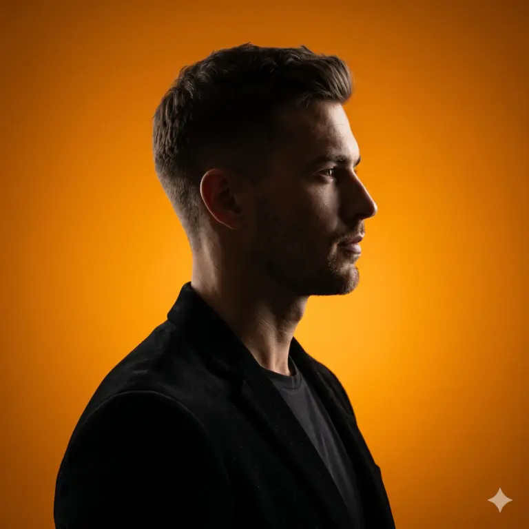 Side Profile Man in Black Blazer AI Photo Editing Prompt. AI generated studio portrait of a young man in a black blazer against a vibrant orange background.
