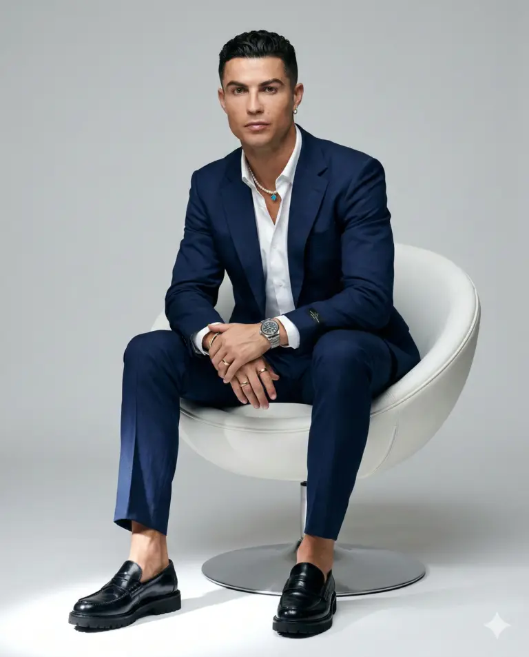 Man in Navy Suit AI Photo Editing Prompt. AI generated studio portrait of a man in a navy suit and white shirt sitting on a white chair.