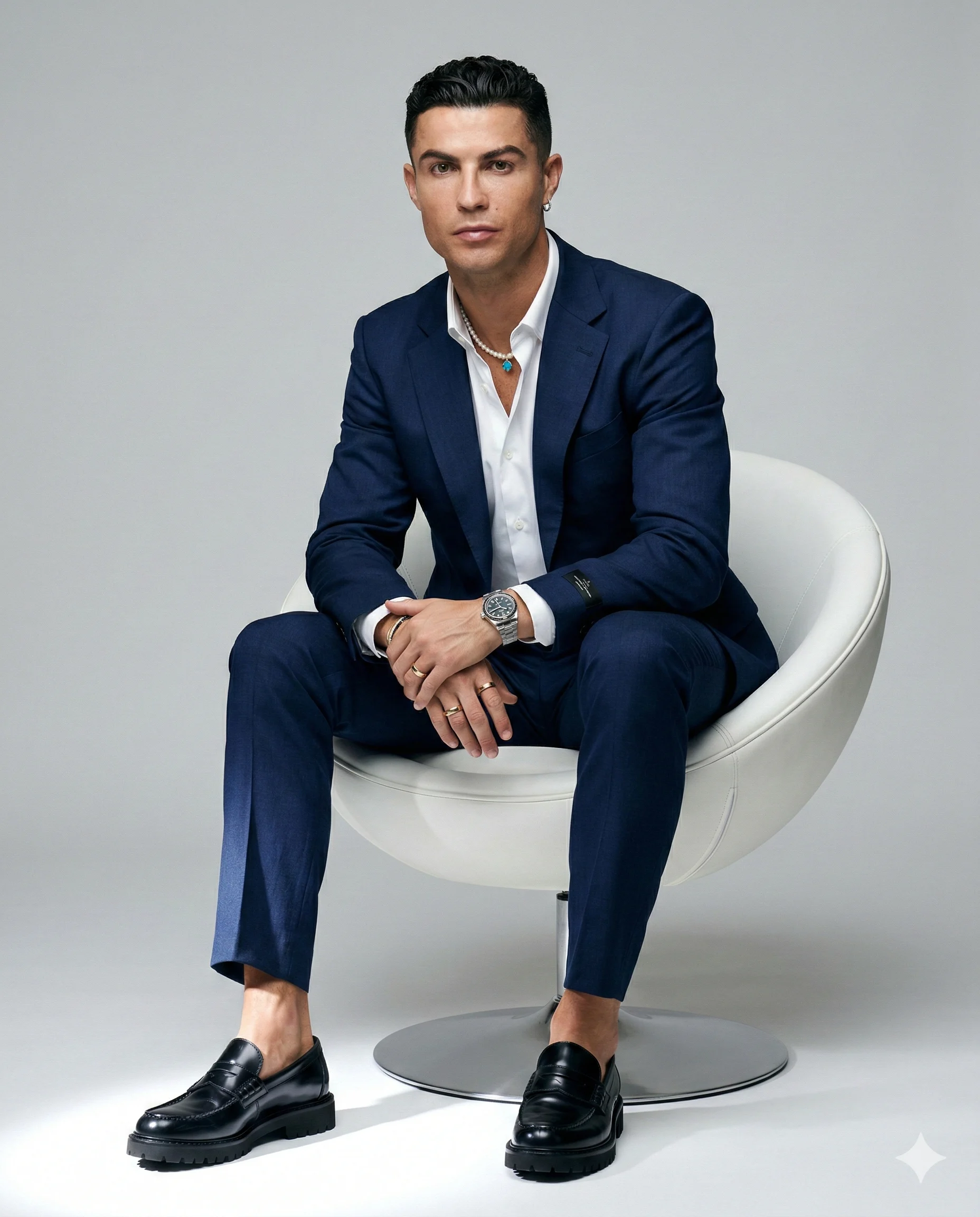Man in Navy Suit AI Photo Editing Prompt. AI generated studio portrait of a man in a navy suit and white shirt sitting on a white chair.