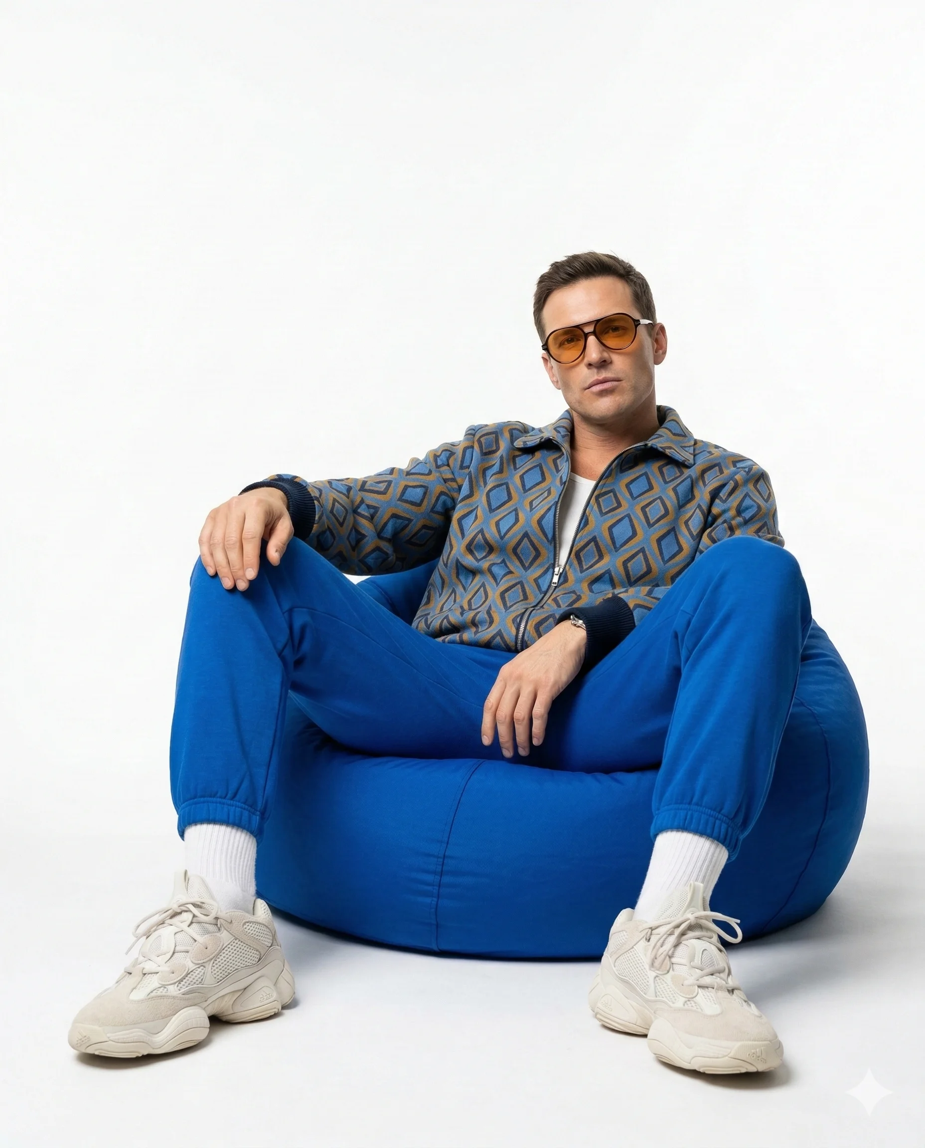 Man in Fashionable Blue Outfit AI Photo Editing Prompt. AI generated studio portrait of a man in a patterned jacket and sunglasses sitting on a blue bean bag.