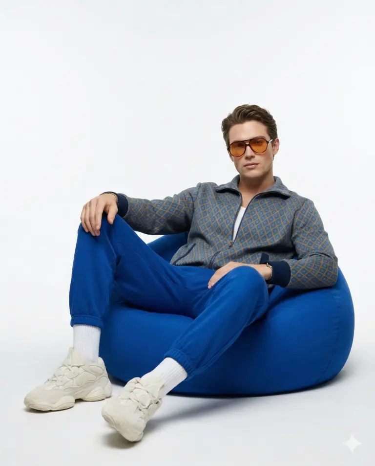 Man in Blue Joggers and Patterned Jacket AI Photo Editing Prompt. AI generated studio portrait of a young man wearing orange sunglasses and a patterned zip-up jacket sitting on a blue bean bag chair.