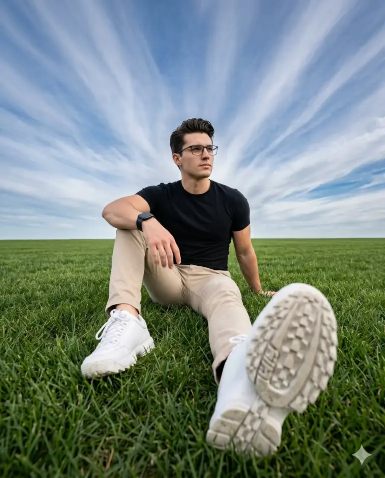 Man Sitting in Green Field AI Photo Editing Prompt. AI generated lifestyle portrait of a man in a black t-shirt sitting in a wide green field under a streaky blue sky.