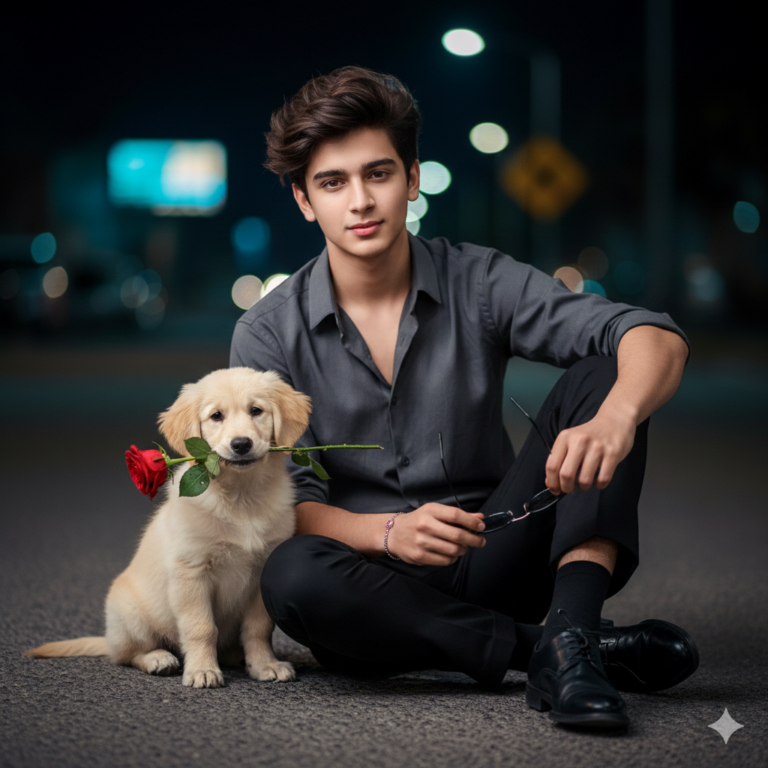 A handsome young man sits on a road at night next to a golden retriever puppy holding a red rose in its mouth.