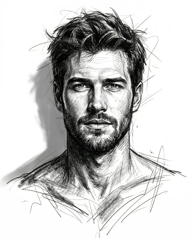 Man Sketch AI Photo Editing Prompt. AI generated pencil sketch portrait of a handsome man with messy hair and a beard featuring expressive cross-hatching and artistic charcoal lines.
